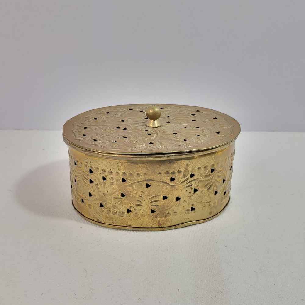Vintage Brass Oval Trinket Box Pierced Repousse Floral Jewelry Dish India